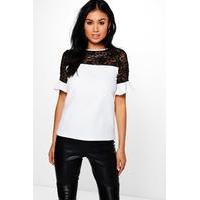 Lace Panel Frill Sleeve Top - ivory