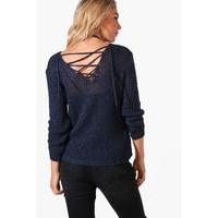 Lace Up Back Slouchy Jumper - navy