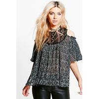 lace insert floral pleated top multi