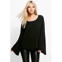 lace up woven long sleeve top black