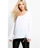 lace up woven long sleeve top cream