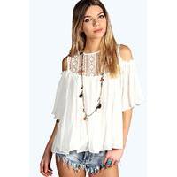 Lace Insert Cold Shoulder Pleated Smock Top - white