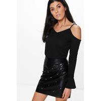 Lace Up Shoulder Rib Knit Jumper - black