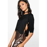 Lace Up Side Satin Long Sleeve Top - black