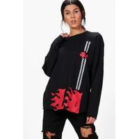 la flame print long sleeve tee black