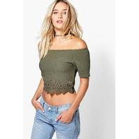 Laser Cut Scallop Edge Bardot Crop Top - khaki