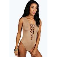 Lace Up Plunge Jersey Bodysuit - camel