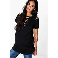 Laura Lace Up Neck & Shoulder Tee - black