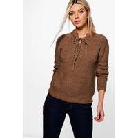 lace front detail fisherman jumper taupe