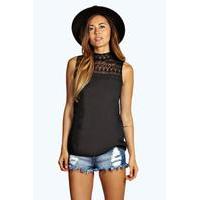 Lace High Neck Woven Top - black