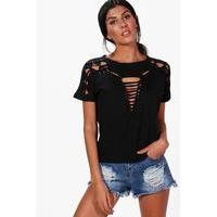 Lace Up Shoulder Detail T-Shirt - black