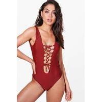 Lace Up Front Slinky Bodysuit - berry