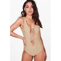 Lace Up Front Slinky Bodysuit - sand