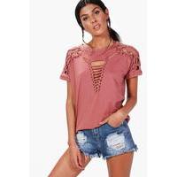 lace up shoulder detail t shirt rose