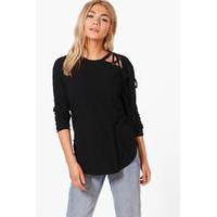 Lace Up Shoulder Rib Knit Jumper - black