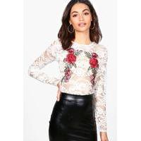 lace embroidered long sleeve crop top cream