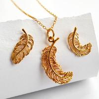 Large Gold Feather Jewellery Set With Stud Earrings