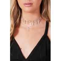 Layered Cross Choker Necklace - silver