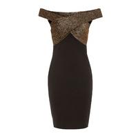 LBD Lola Bardot Bodycon Dress in Black and Gold