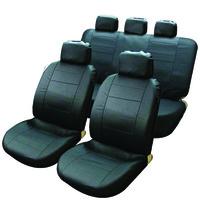 Leather Look Seat Cover Set with 5 Headrest Covers in All Black