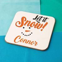 let it snow personalised snowman coaster