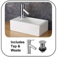 Left Hand Taranto Space Saving 37cm Counter Top Sink With Mixer Tap and Plug - Narrow Depth