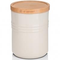 le creuset medium storage jar with wooden lid almond