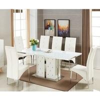 Levo Glass Dining Table In White PU With 6 Vesta Chairs