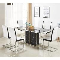 Levo Glass Dining Table In Black PU And 6 Symphony White Chairs