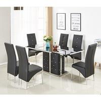 Levo Glass Dining Table In Black PU With 6 Vesta Chairs