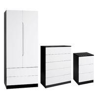 Legato 2 Door 2 Drawer Wardrobe 5 Drawer Chest and 3 Drawer Bedside Set Black and White Gloss