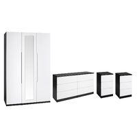 Legato 3 Door Mirrored Wardrobe 6 Drawer Wide Chest and 2 x 3 Drawer Bedside Set Black and White Gloss