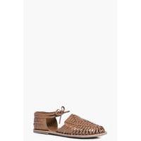 Leather Woven Flat With Ankle Tie - tan