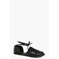 Leather Woven Flat With Ankle Tie - black