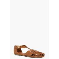 Leather Closed Toe Woven T Bar Flat - tan