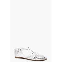 Leather Closed Toe Woven T Bar Flat - white