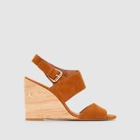 leather sandals with wood effect wedge heel