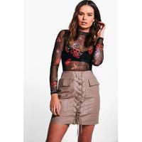Leather Look Lace Up Pocket Front Mini Skirt - taupe