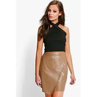 Leather Look Wrap Front Mini Skirt - taupe