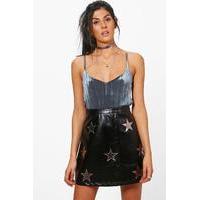 Leather Look Star Applique A Line Skirt - black