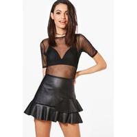 Leather Look Drop Hem Mini Skirt - black