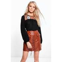 Leather Look Lace Up Pocket Front Mini Skirt - tan