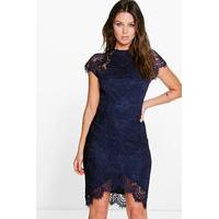 Leah Eyelash Lace Curved Hem Bodycon Dress - navy