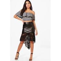 Leather Look Lace Hem Midi Skirt - black