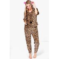 leopard print plush hooded twosie set brown