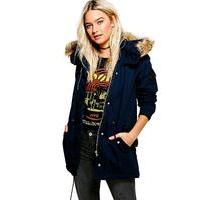 Leather Look Trim Parka - navy