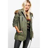 leather look trim parka khaki