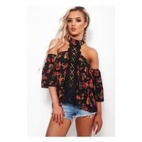 Leah Black Floral Crochet Bardot Top