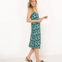 leaf printed long crpe dress