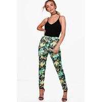 Leafy Palm Print Stretch Skinny Trousers - black